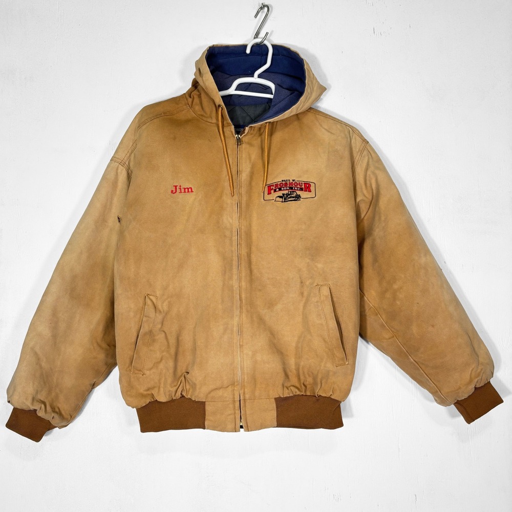 Vintage Holloway "Jim" Tan Duck Canvas Hooded‎ Work Jacket Quilted USA Mens L